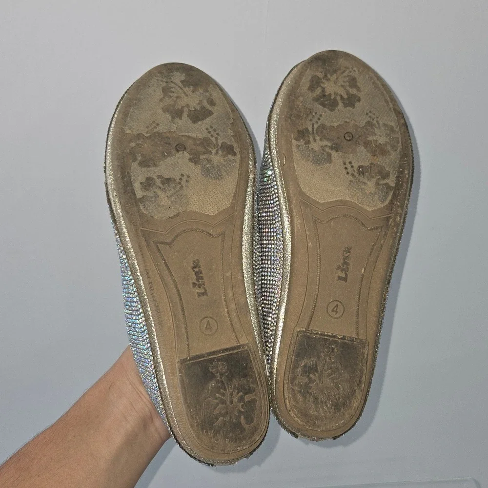 Link Comfort Women Size 4 Gold Rhinestone Sparkle Ballet Flats Slip On Loafers